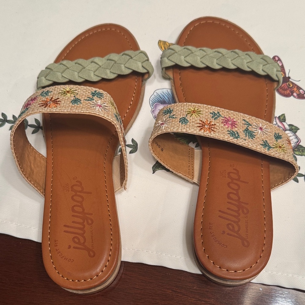 Jellypop Sandals with Braided Green and Embroidered Tan Straps